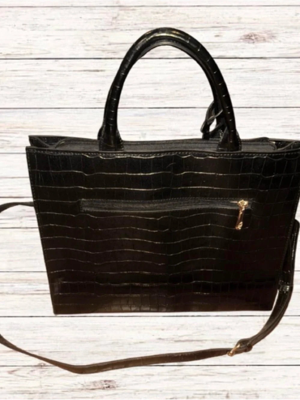 Black Croc-Embossed Top Handle Satchel Purse